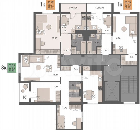 3-к. квартира, 73 м², 4/9 эт.