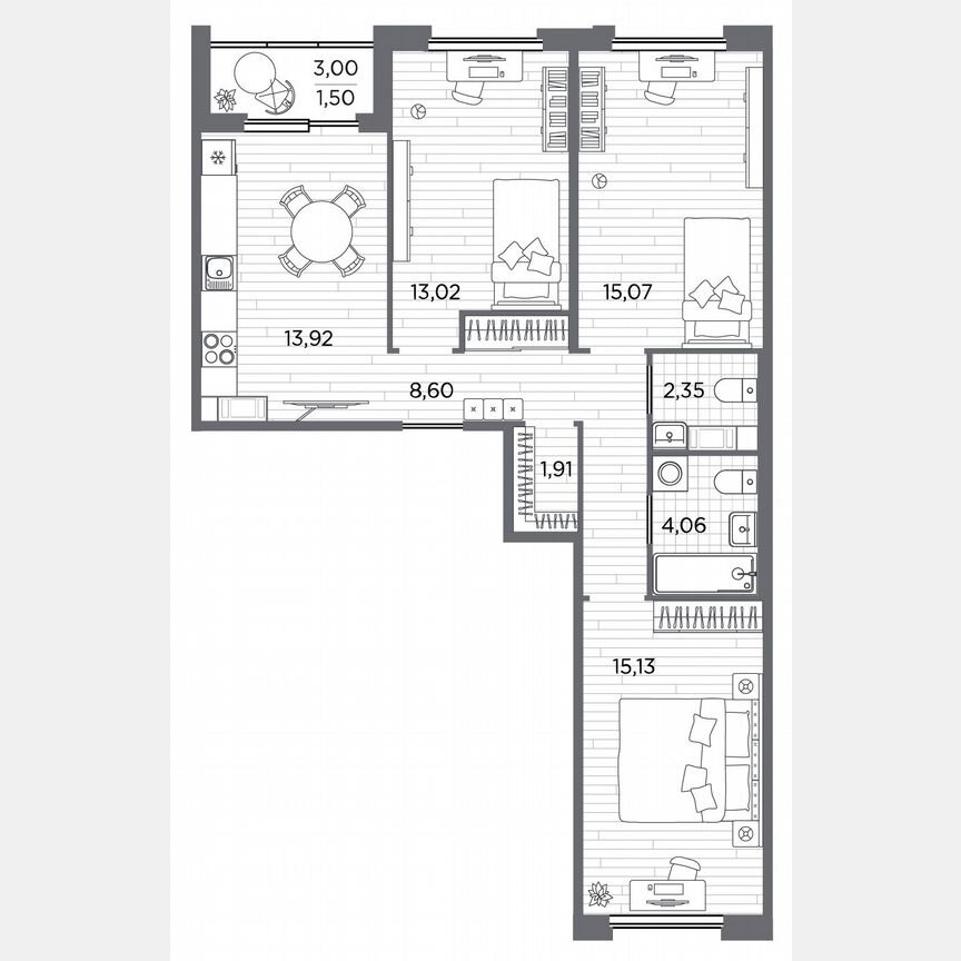3-к. квартира, 75,6 м², 3/5 эт.