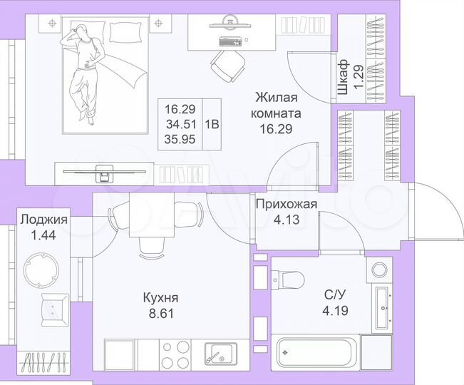 1-к. квартира, 36 м², 19/25 эт.