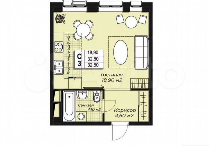 Квартира-студия, 32,8 м², 4/10 эт.