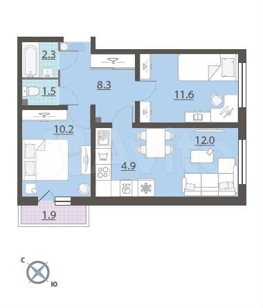 2-к. квартира, 51,4 м², 1/8 эт.