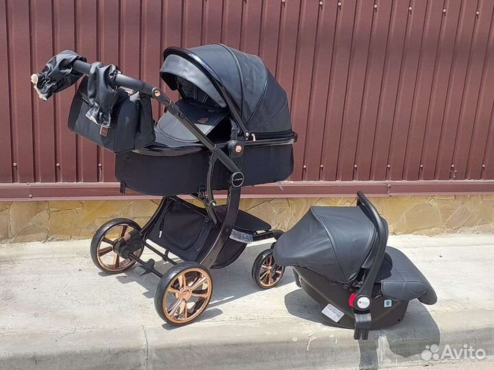Коляска 3в1 Кожа black твёрдый блок (Новинка)