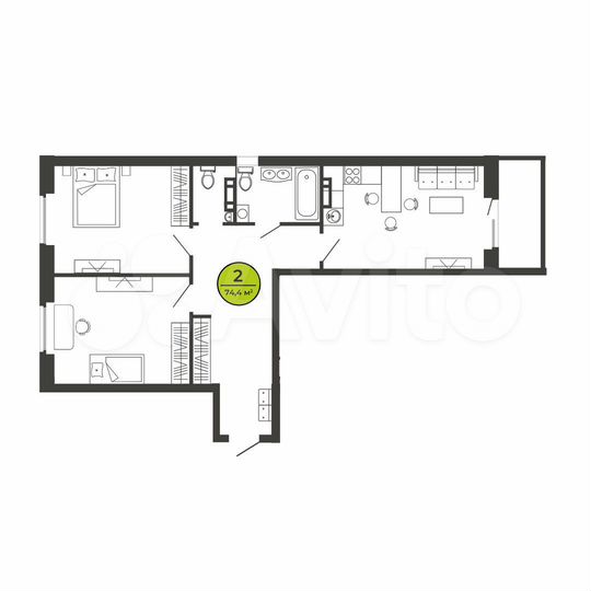 2-к. квартира, 74,4 м², 8/9 эт.