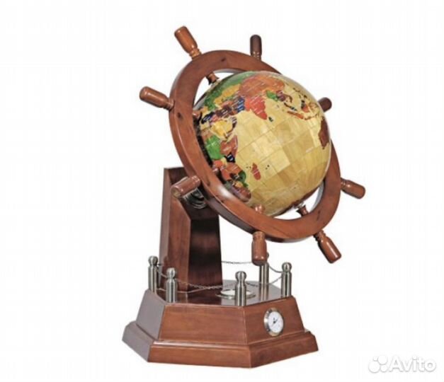 Глобус-штурвал с часами и компосом (дерево)
