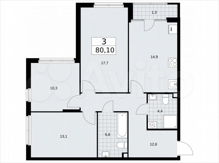 3-к. квартира, 80,1 м², 2/16 эт.