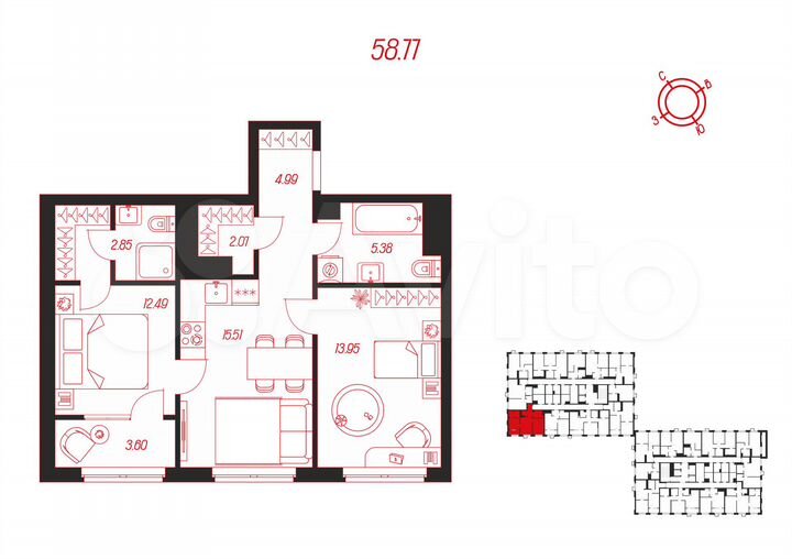 2-к. квартира, 58,8 м², 3/16 эт.