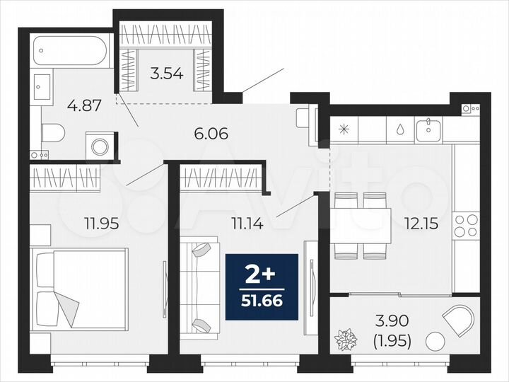 2-к. квартира, 51,7 м², 2/21 эт.