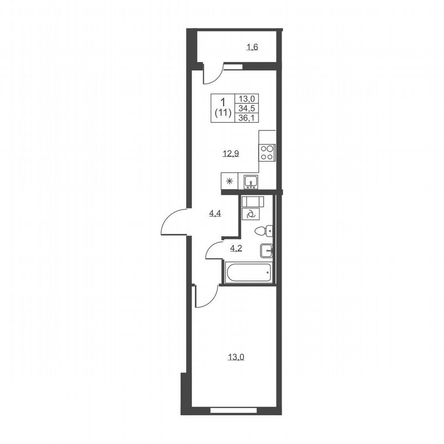 1-к. квартира, 36,1 м², 6/8 эт.