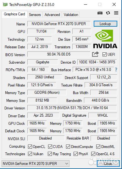 Видеокарта RTX 2070 super gigabyte