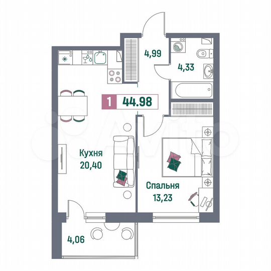 1-к. квартира, 45 м², 2/16 эт.
