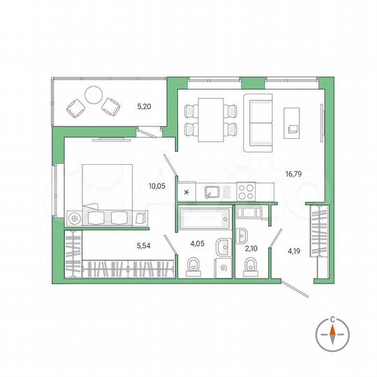 1-к. квартира, 45,4 м², 8/8 эт.