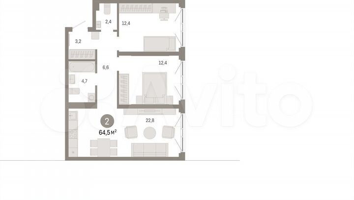 2-к. квартира, 64,5 м², 2/7 эт.