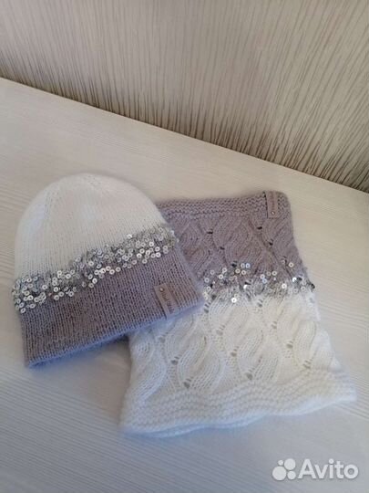 Комплект шапка бини и снуд женский из пуха норки