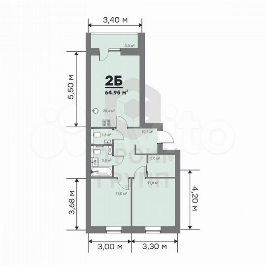 2-к. квартира, 65 м², 1/9 эт.