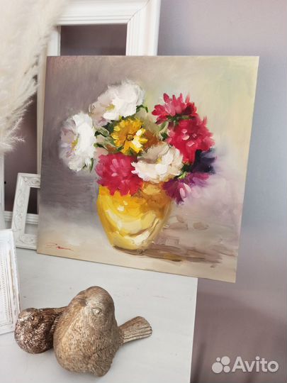 Картина букет цветов астры масло холст