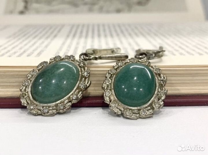 Серьги с нефритом винтажные 925 проба серебро