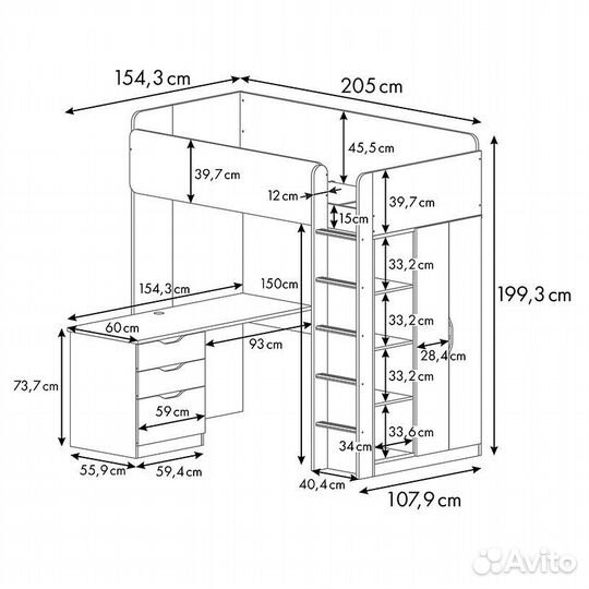 Детская кровать чердак со столом и шкафом