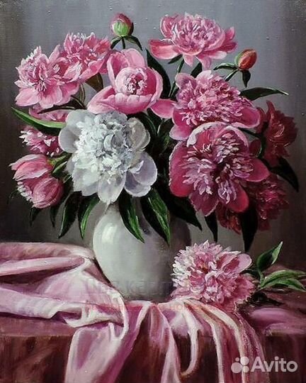 Алмазная мозаика 40x50 Букет пионов на розовой