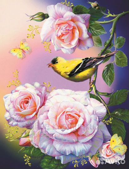Алмазная мозаика 40x50 Желтая птичка на ветке розы