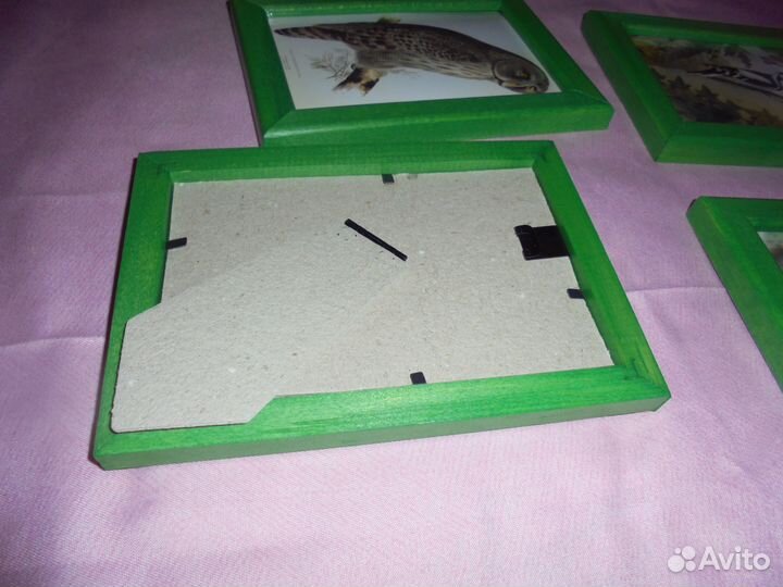 4 панно Птицы леса зелён дерев рамка 13 х 17,5 см