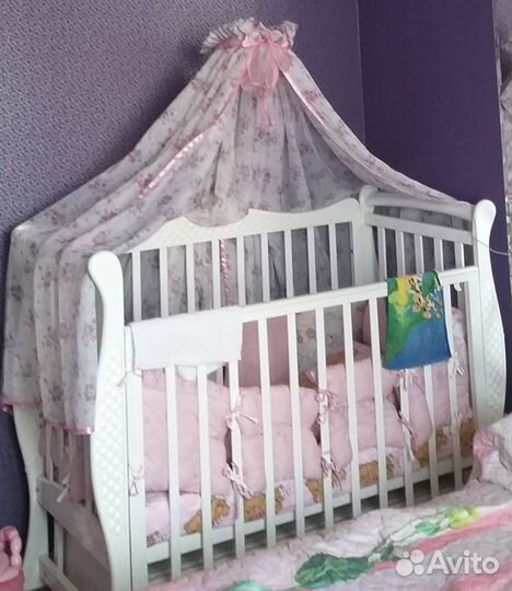 Детская кроватка, балдахин, матрас, бардюрчики
