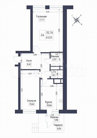 2-к. квартира, 63 м², 1/9 эт.