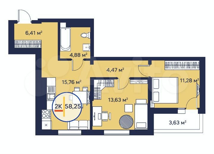 2-к. квартира, 58,4 м², 21/23 эт.