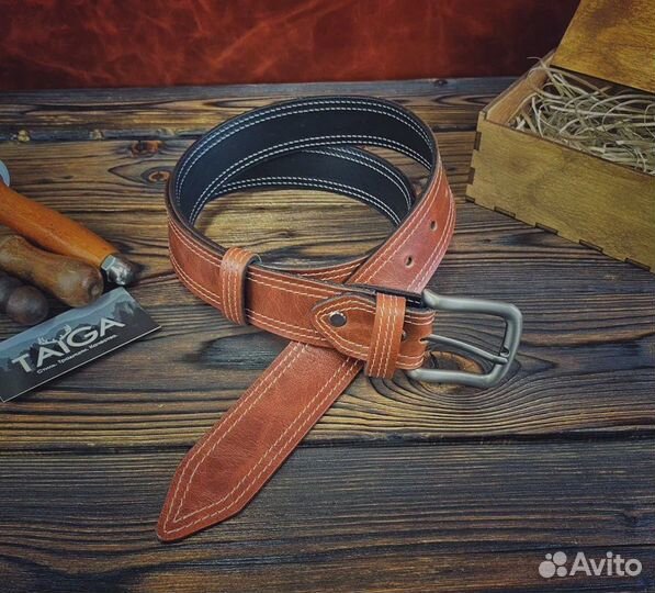 Кожаный ремень двойной / ручной работы
