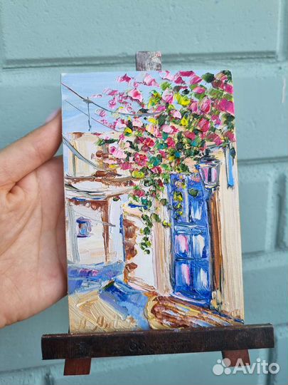 Картина маслом пейзаж Греции Цветы улица 15х10 см