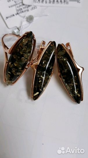 Серьги с зелёным янтарём
