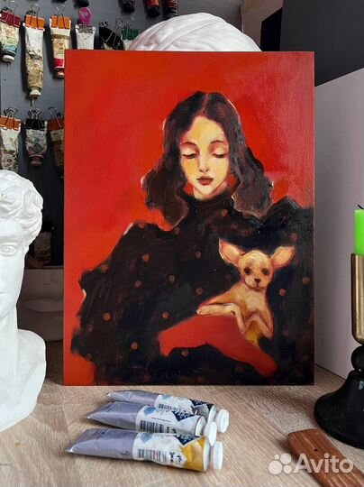 Картина маслом девушка с собакой той терьер