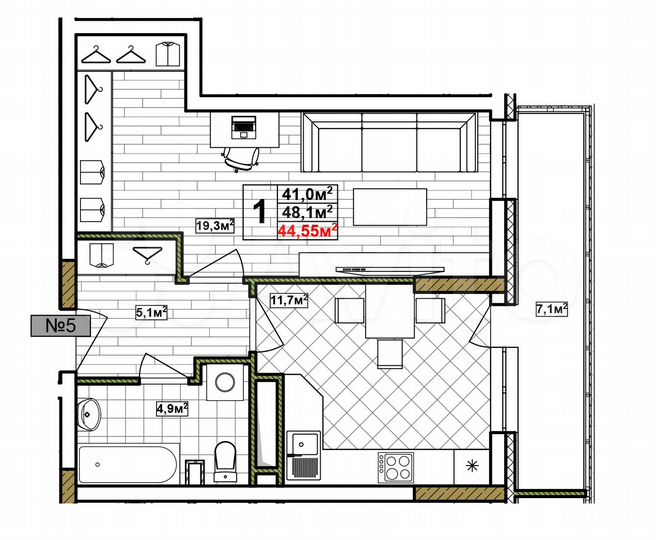 1-к. квартира, 44,6 м², 17/17 эт.