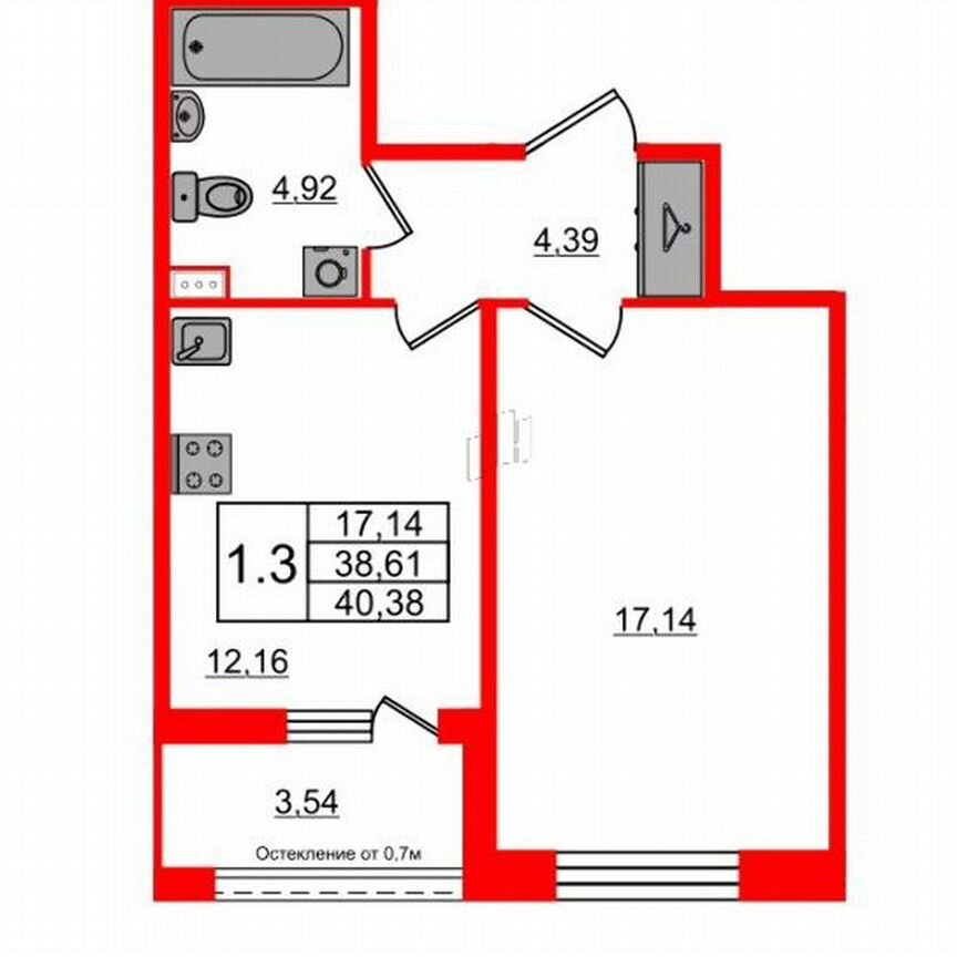 1-к. квартира, 38,6 м², 3/12 эт.