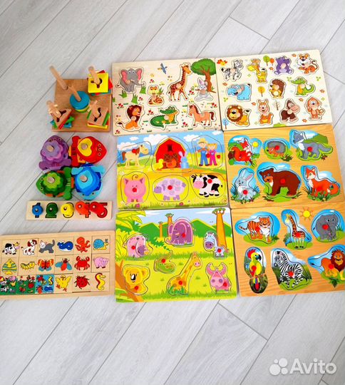 Развивающие деревянные игрушки, пазлы,пирамида