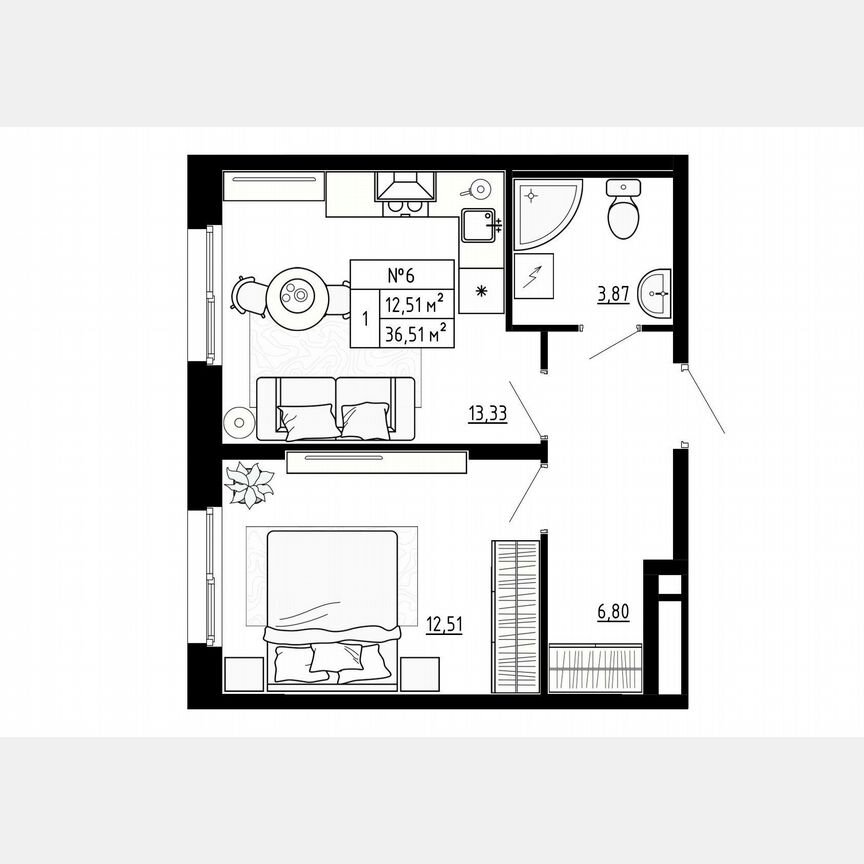 1-к. квартира, 36,5 м², 1/4 эт.