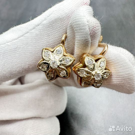 Золотые серьги малинки с бриллиантами 0,41 сt 583