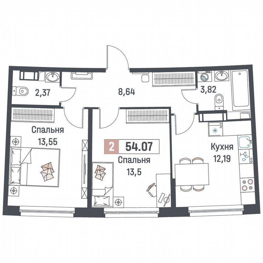 2-к. квартира, 54,1 м², 5/18 эт.