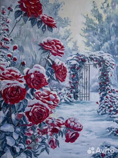 Картина маслом зимний пейзаж Розы в снегу
