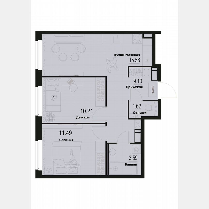 2-к. квартира, 51,6 м², 3/12 эт.