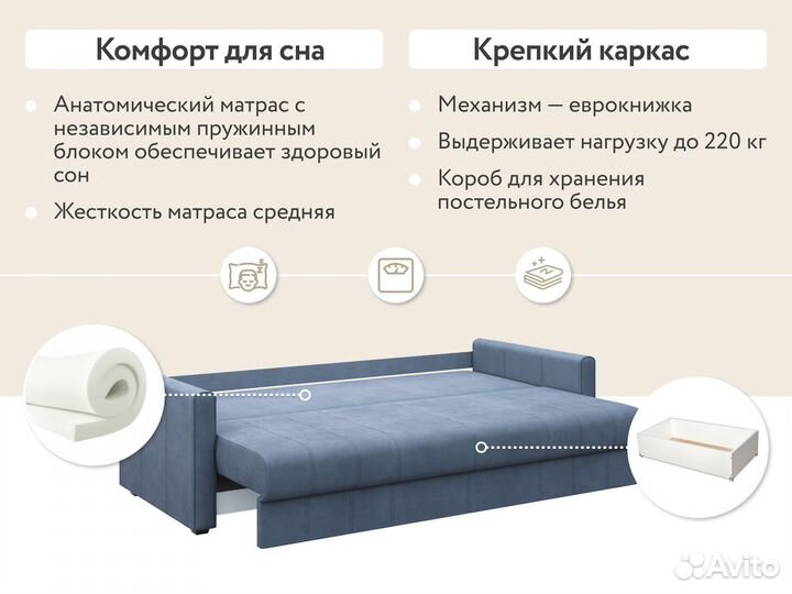 Римини диван новый прямой синий