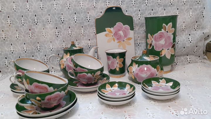 Чайный сервиз Роза на зеленом, фарфор, Дулево