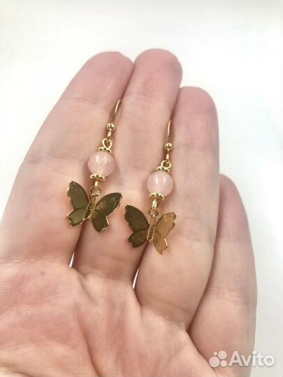 Серьги с натуральным кварцем бабочки