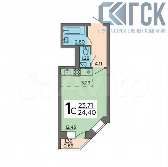 Квартира-студия, 24,4 м², 19/20 эт.