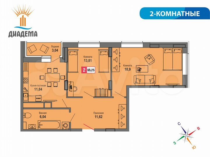 2-к. квартира, 65,3 м², 20/22 эт.