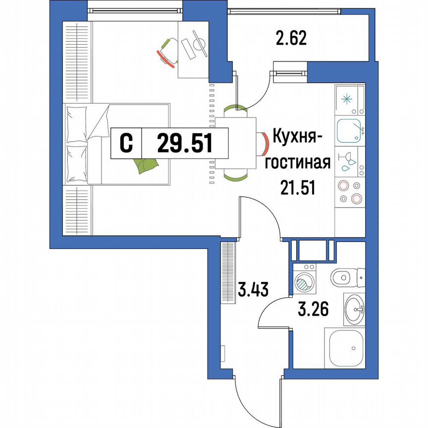Квартира-студия, 29,5 м², 16/16 эт.