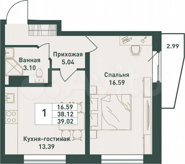 1-к. квартира, 39 м², 13/16 эт.