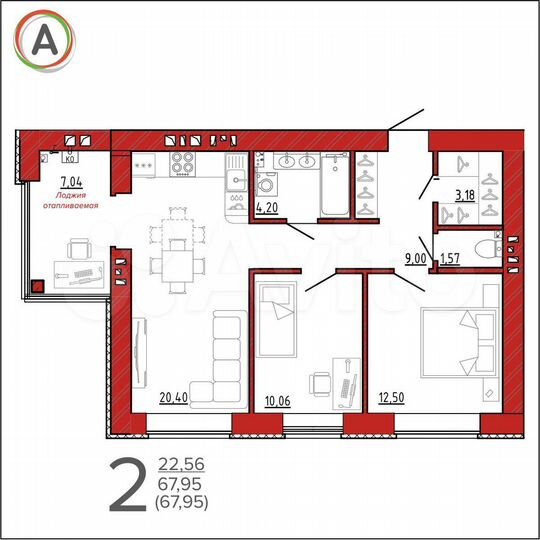 2-к. квартира, 68 м², 7/9 эт.