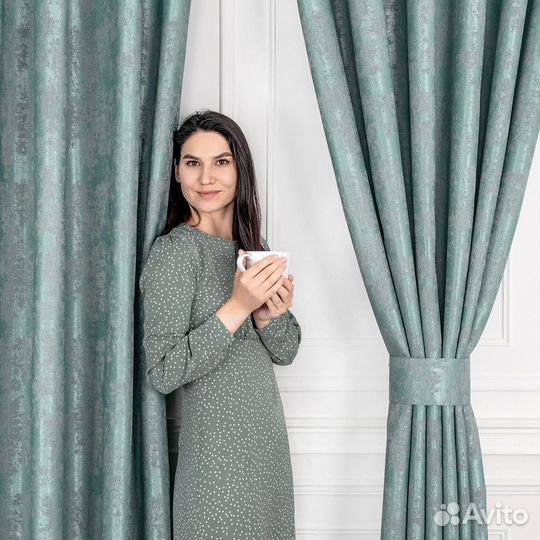 Портьеры шторы мрамор Зарина бирюза с тюлью Вуаль