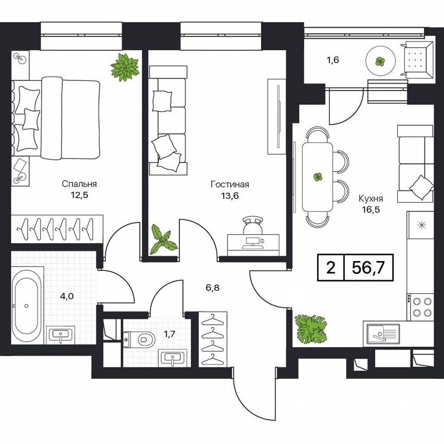 2-к. квартира, 56,7 м², 2/17 эт.