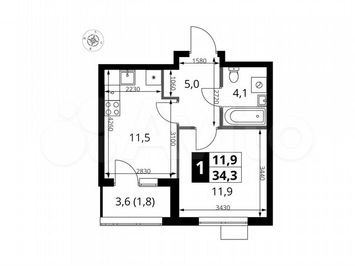 1-к. квартира, 34,3 м², 7/18 эт.